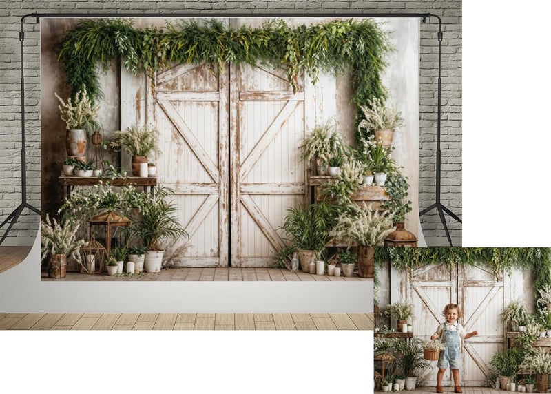 Kate 7x5ft Spring Green Reed Branch Decoration Photography Backdrops Garden Rustic White Wooden Door Photo Background Children Birthday Baby Shower Backdrop - Image 1
