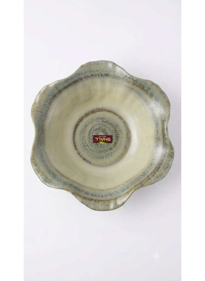 SHALL Deep round melamine serving and dining bowl with a wavy, break-resistant pattern in a rustic stone circle design, suitable for the kitchen and dining room. Olive beige color. - Image 1