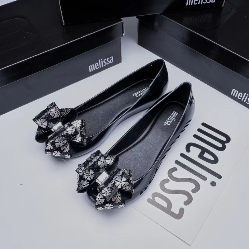 2024 Melissa Jelly Flats Butterfly Knot Fish Mouth Sandals Black