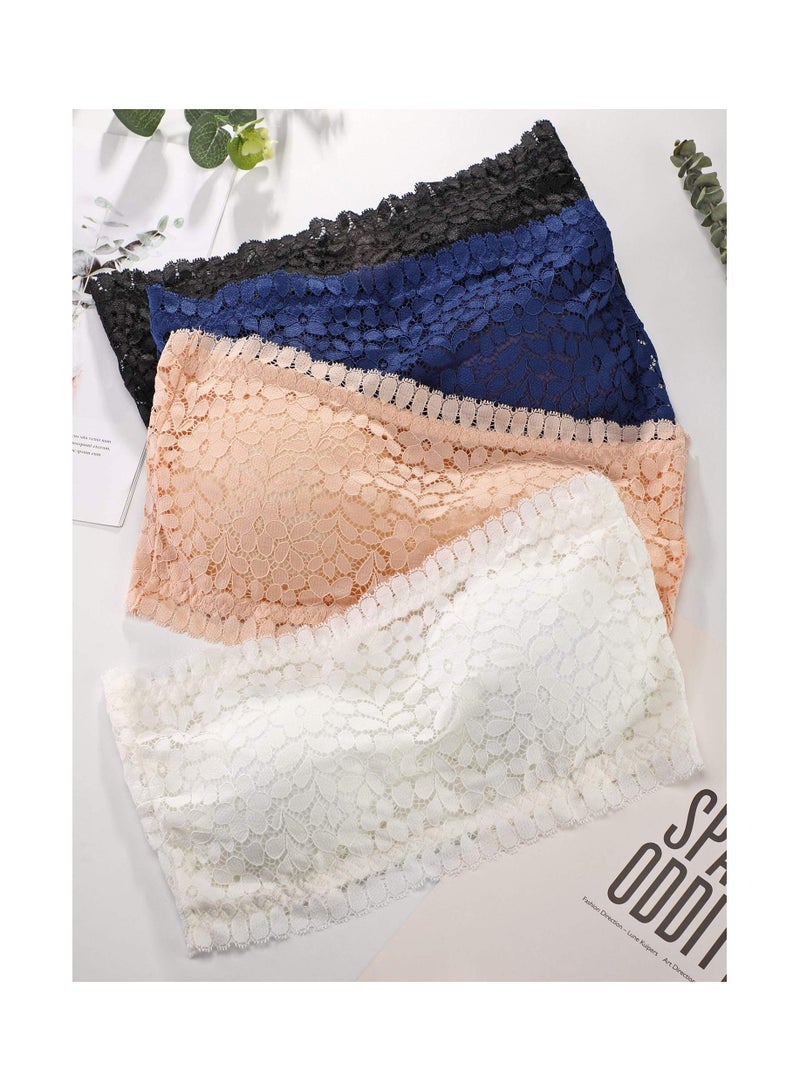4-Pack Floral Lace Strapless Bandeau Bra with Removable Pads - Elegant Lace Chest Wrap Bra Tops for Comfort and Style. - Image 2