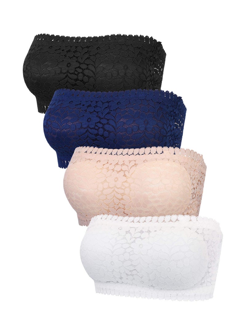 4-Pack Floral Lace Strapless Bandeau Bra with Removable Pads - Elegant Lace Chest Wrap Bra Tops for Comfort and Style. - Image 1