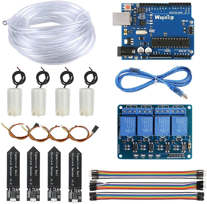 WayinTop طقم نظام الري التلقائي DIY، لوحة تطوير + مرحل 4 قنوات 5V + 4 حساس رطوبة تربة + 4 مضخة مياه صغيرة DC 3V 5V + أنبوب ماء PVC 5M + كابل توصيل - Image 1