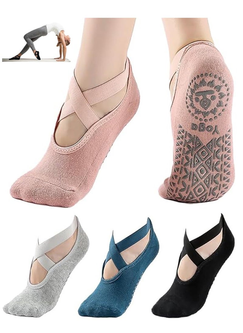 Necomi 4 Pairs Yoga Socks，Non-Slip Cotton Socks for Pilates Pure Barre Ballet Dance Socks Barefoot Workout Socks（Pink，Black，Grey, Blue）  - Image 1