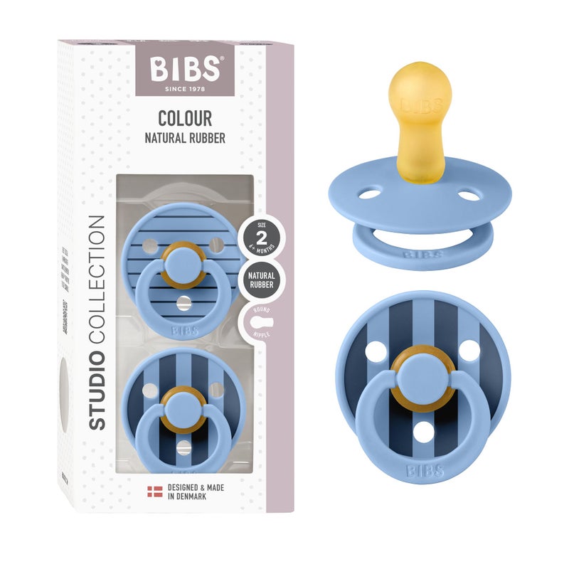 BIBS Pacifiers - Studio 2 Pack | Round Nipple Baby Pacifier | BPA Free Natural Rubber Latex Soother | Made in Denmark | Size 6+ Months | Pin Sky Blue - Image 1