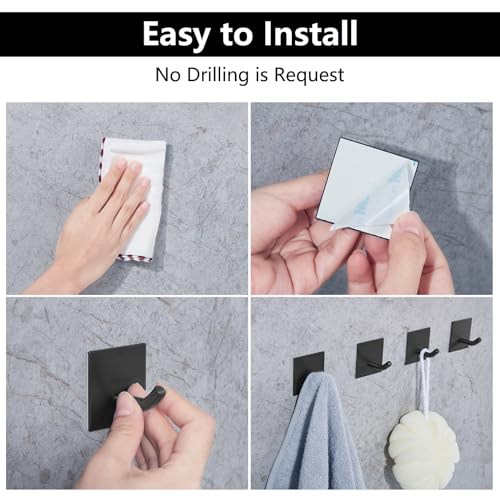 FOMANSH Heavy Duty Adhesive Hooks, Stick on Wall Adhesive Hangers, Strong Stainless Steel Holder, Self Adhesive Hooks for Kitchen Bathroom Home Door Towel Coat Key Robe 6 Packs Black - Image 2