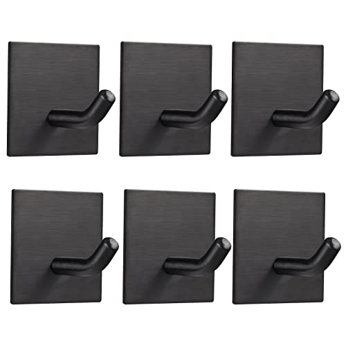 FOMANSH Heavy Duty Adhesive Hooks, Stick on Wall Adhesive Hangers, Strong Stainless Steel Holder, Self Adhesive Hooks for Kitchen Bathroom Home Door Towel Coat Key Robe 6 Packs Black - Image 1