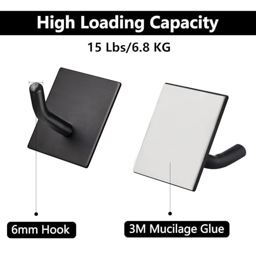 FOMANSH Heavy Duty Adhesive Hooks, Stick on Wall Adhesive Hangers, Strong Stainless Steel Holder, Self Adhesive Hooks for Kitchen Bathroom Home Door Towel Coat Key Robe 6 Packs Black - Image 3