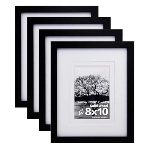 Egofine 8x10 Picture Frames Set of 4, Made of Solid Wood Covered by Plexiglass 4x6 and 5x7 with Mat or 8x10 without Mat, for Table Top Display and Wall Mounting Photo Frame Black - Image 1