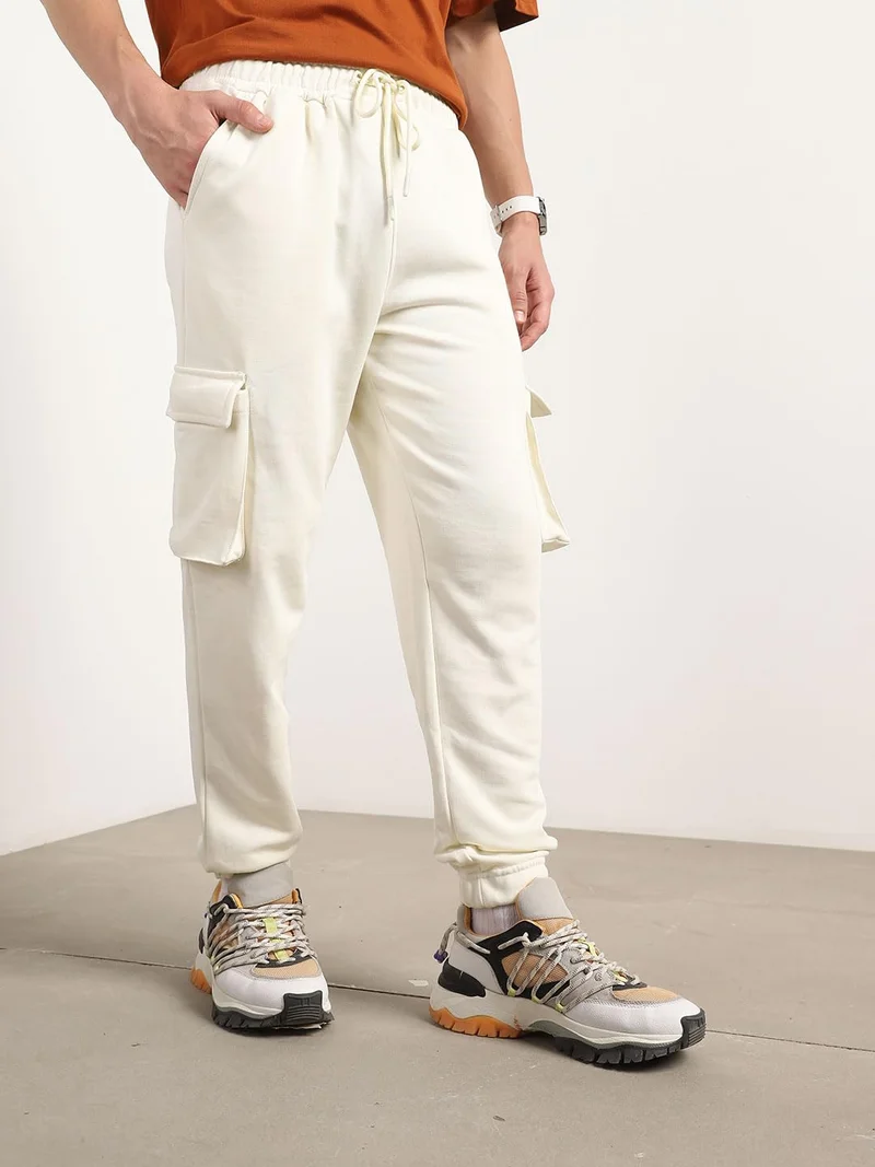 نوبيرو Men's White Cargo Jogger Sweatpants