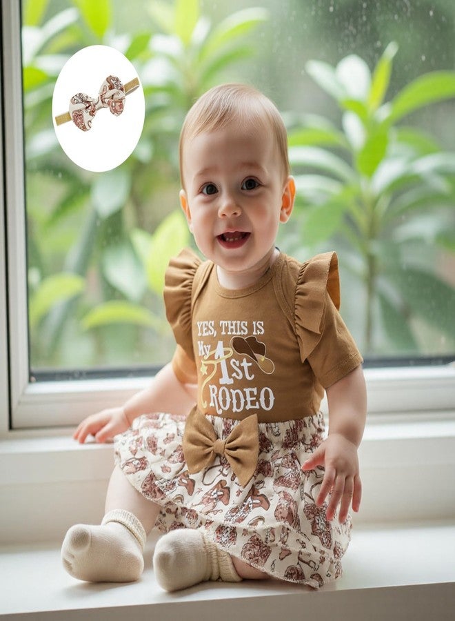 DNOMAID YZARC Newborn Baby Girl Western Outfit My First Rodeo Short Sleeve Ruffle Romper Skirt Headband Set Summer Clothes (Khaki, 6-12 Months) - Image 3