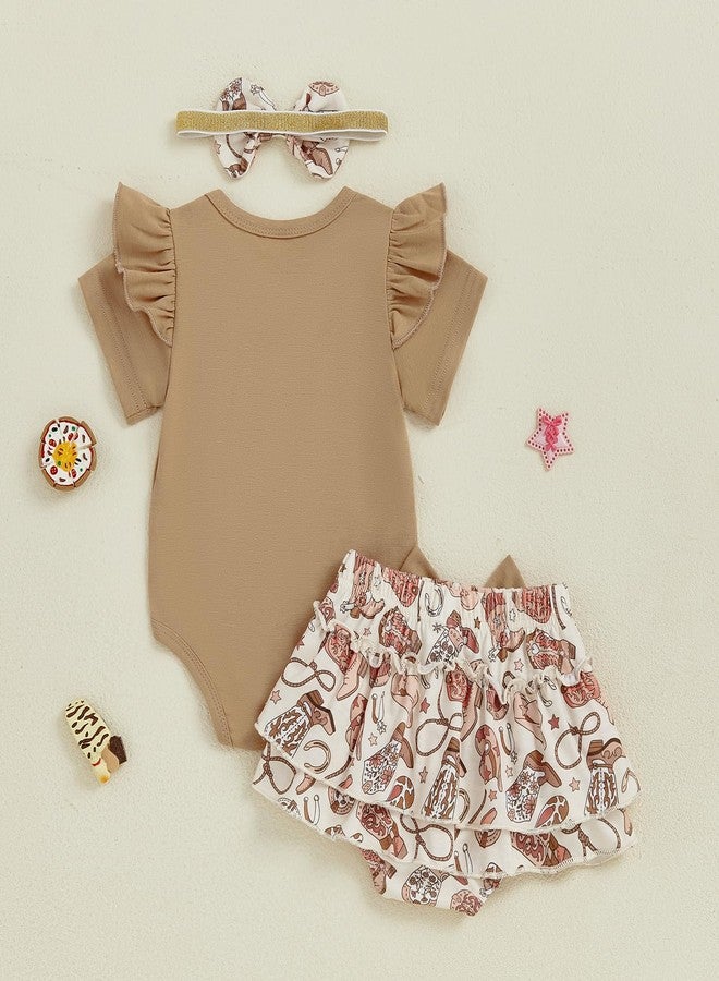 DNOMAID YZARC Newborn Baby Girl Western Outfit My First Rodeo Short Sleeve Ruffle Romper Skirt Headband Set Summer Clothes (Khaki, 6-12 Months) - Image 5