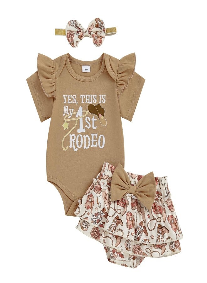 DNOMAID YZARC Newborn Baby Girl Western Outfit My First Rodeo Short Sleeve Ruffle Romper Skirt Headband Set Summer Clothes (Khaki, 6-12 Months) - Image 1