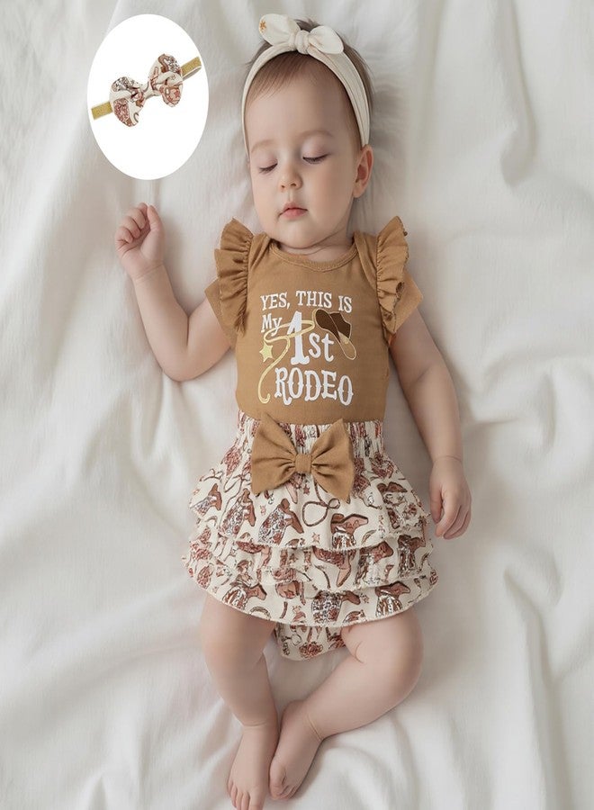 DNOMAID YZARC Newborn Baby Girl Western Outfit My First Rodeo Short Sleeve Ruffle Romper Skirt Headband Set Summer Clothes (Khaki, 6-12 Months) - Image 2