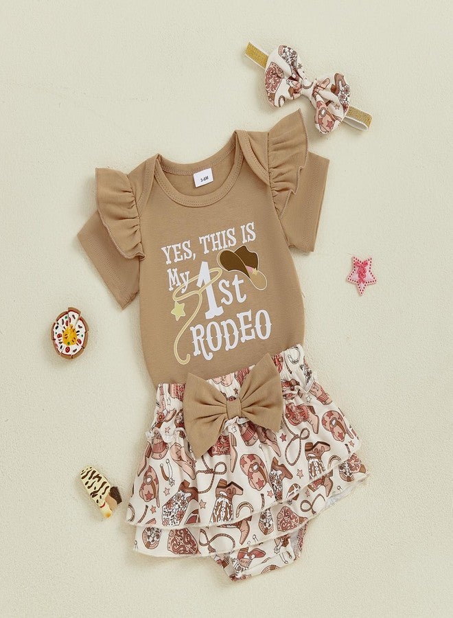 DNOMAID YZARC Newborn Baby Girl Western Outfit My First Rodeo Short Sleeve Ruffle Romper Skirt Headband Set Summer Clothes (Khaki, 6-12 Months) - Image 4