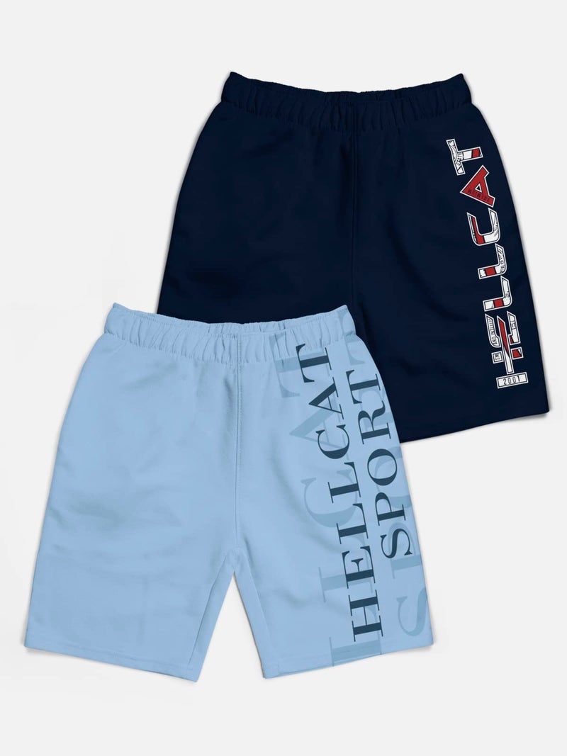 HELLCAT Pack of 2 Trendy Typographic Printed Mid Rise Shorts for Boys - Sky Blue/Navy Blue / 3-4 Years - Image 2