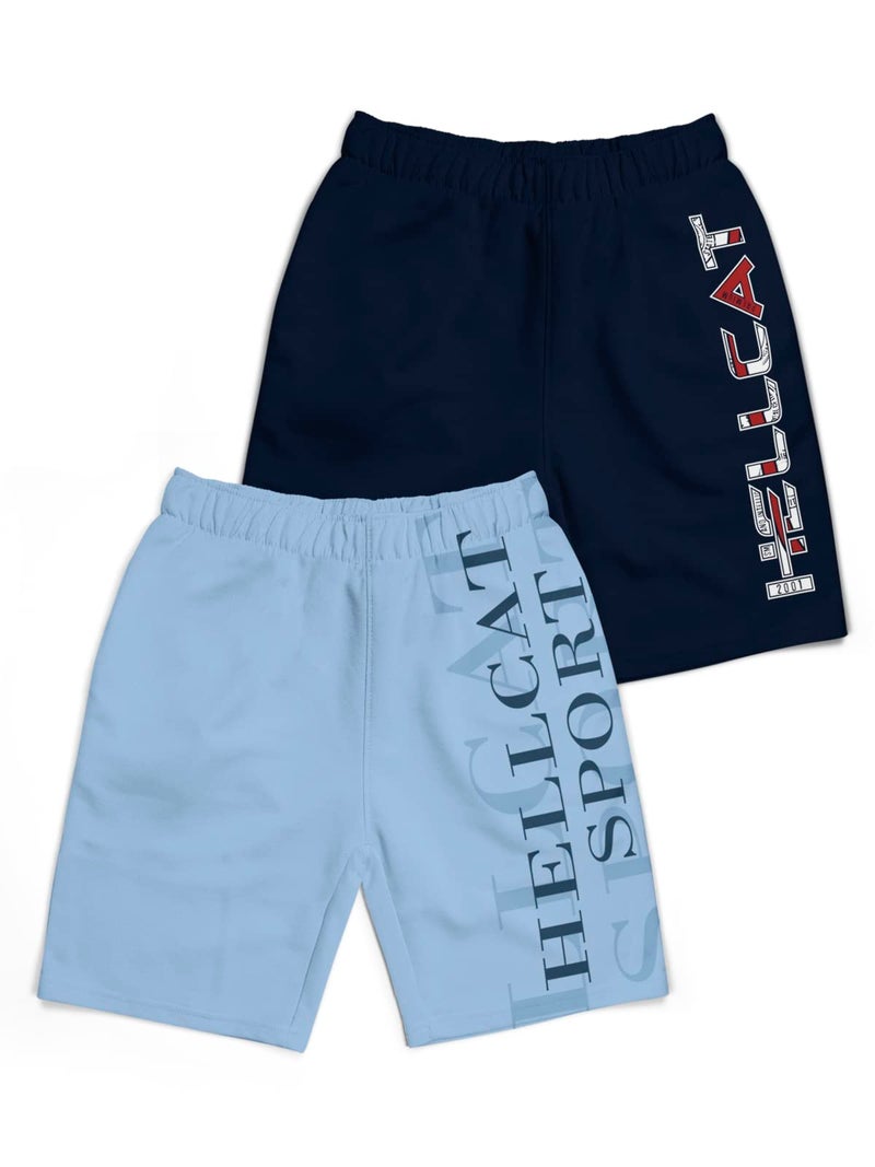 HELLCAT Pack of 2 Trendy Typographic Printed Mid Rise Shorts for Boys - Sky Blue/Navy Blue / 3-4 Years - Image 1