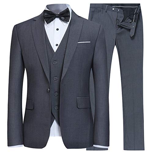 YFFUSHI Men's Slim Fit 3 Piece Suit One Button Blazer Tux Vest & Trousers, Dark Grey, Large - Image 3