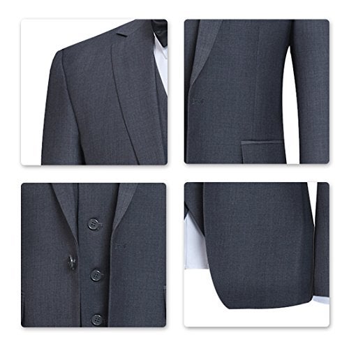 YFFUSHI Men's Slim Fit 3 Piece Suit One Button Blazer Tux Vest & Trousers, Dark Grey, Large - Image 4