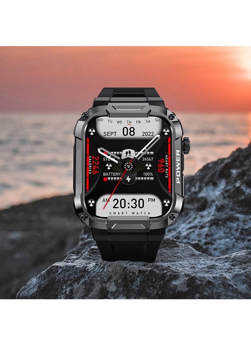 MK66 Military Smartwatch with Bluetooth Call, Waterproof Smart Sport Watches Rugged Outdoor Men's Watch for iPhone Android Smartwatch with Heart Rate Monitor (Black) - Image 2