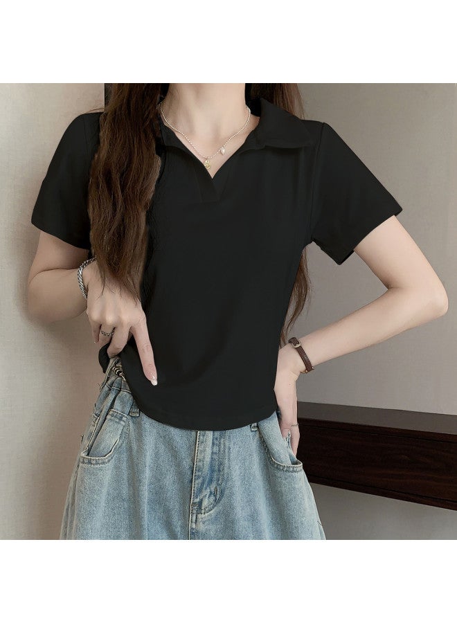 Your Sun Polo Collar Pure And Alluring Summer Short Sleeve Top For Women, Wearable As Outerwear, Ladies' T-Shirt With Turn-Down Collar - Image 3