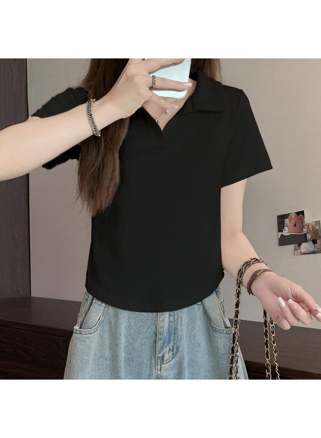 Your Sun Polo Collar Pure And Alluring Summer Short Sleeve Top For Women, Wearable As Outerwear, Ladies' T-Shirt With Turn-Down Collar - Image 5