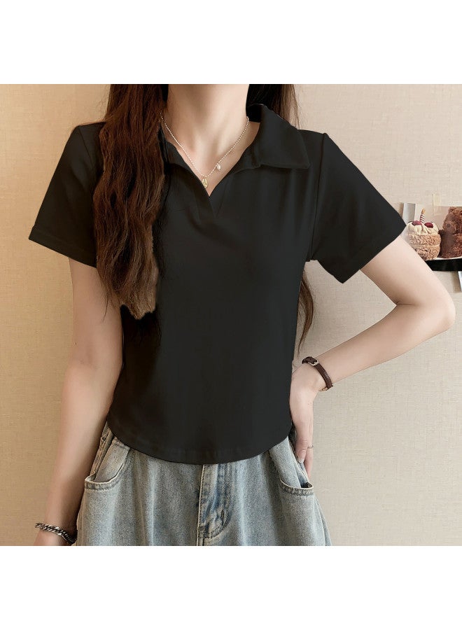 Your Sun Polo Collar Pure And Alluring Summer Short Sleeve Top For Women, Wearable As Outerwear, Ladies' T-Shirt With Turn-Down Collar - Image 4