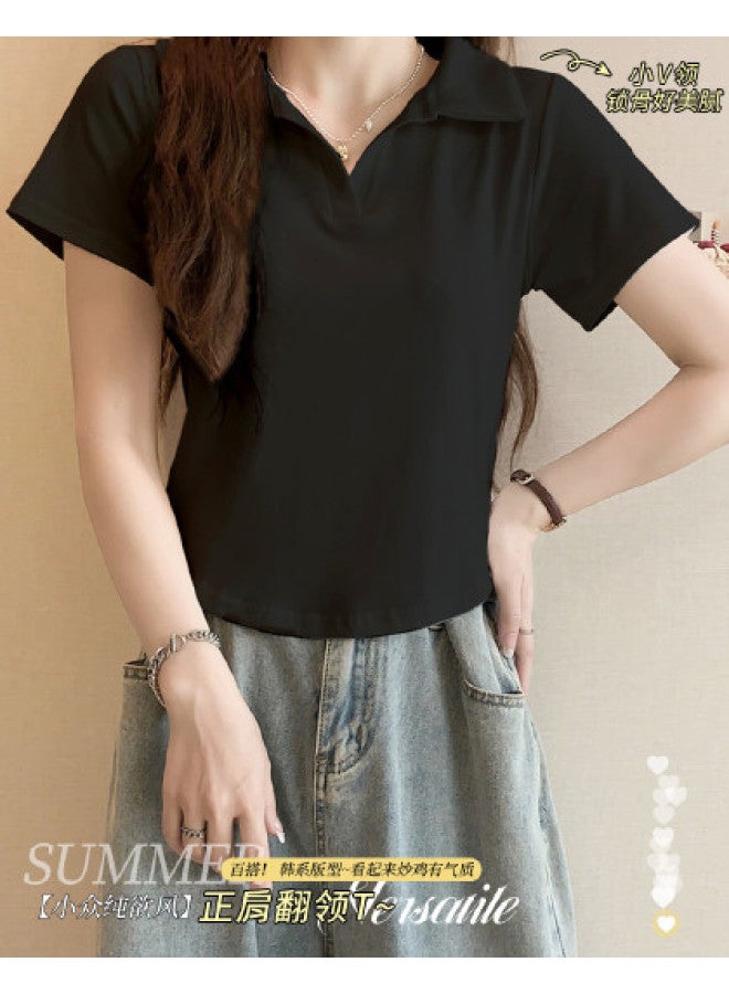 Your Sun Polo Collar Pure And Alluring Summer Short Sleeve Top For Women, Wearable As Outerwear, Ladies' T-Shirt With Turn-Down Collar - Image 1