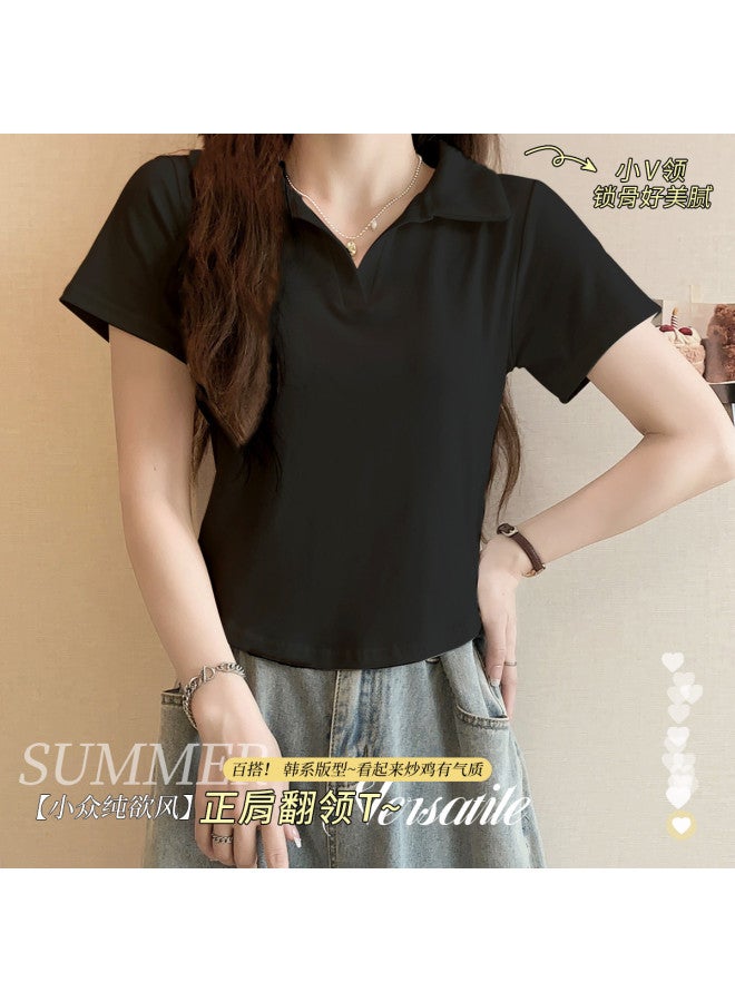 Your Sun Polo Collar Pure And Alluring Summer Short Sleeve Top For Women, Wearable As Outerwear, Ladies' T-Shirt With Turn-Down Collar - Image 2