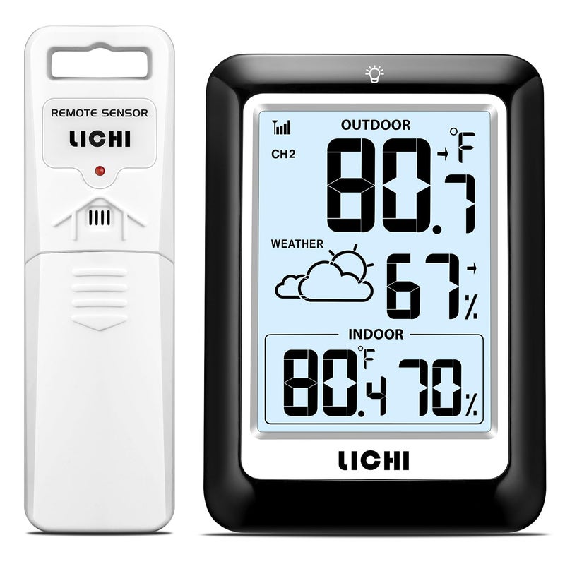 Lichi Indoor Outdoor Thermometer Wireless Weather Station, Internal External Thermometer Hygrometer, Home Batteryoperated Temperature Humiditymonitors330 Feet (About 100 Meters) Backlight Display (Black) - Image 1