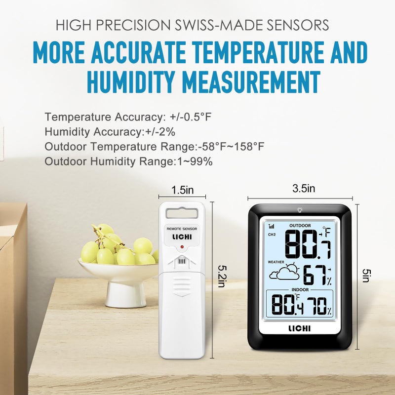 Lichi Indoor Outdoor Thermometer Wireless Weather Station, Internal External Thermometer Hygrometer, Home Batteryoperated Temperature Humiditymonitors330 Feet (About 100 Meters) Backlight Display (Black) - Image 5