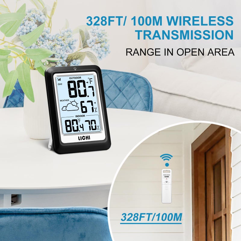 Lichi Indoor Outdoor Thermometer Wireless Weather Station, Internal External Thermometer Hygrometer, Home Batteryoperated Temperature Humiditymonitors330 Feet (About 100 Meters) Backlight Display (Black) - Image 4