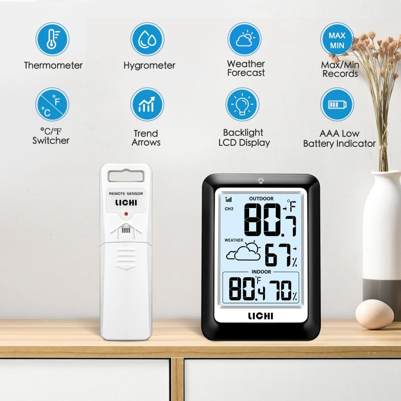 Lichi Indoor Outdoor Thermometer Wireless Weather Station, Internal External Thermometer Hygrometer, Home Batteryoperated Temperature Humiditymonitors330 Feet (About 100 Meters) Backlight Display (Black) - Image 3