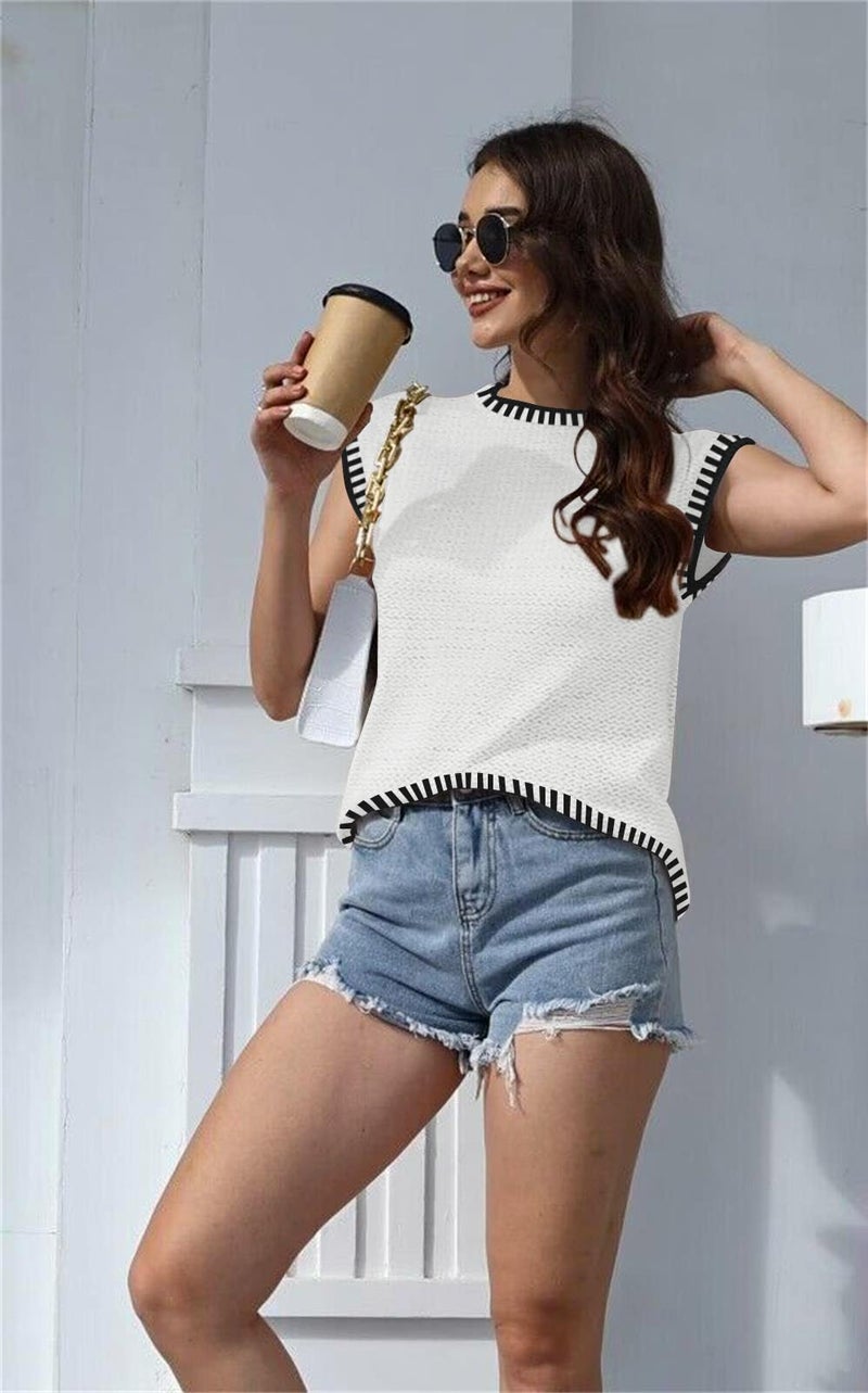 Disamer Cap Sleeve Knit Sweater Tops Sleeveless Vest 2026 Spring Clothes Oversized Summer Tank Trendy Short Sleeve T Shirts,Line White,Small - Image 2
