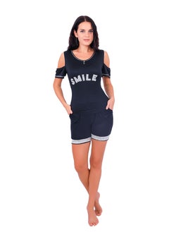 Hot shorts pajama set with an off-shoulder T-shirt and short shorts with a pocket for an elegant casual look.