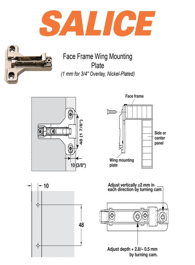 SALICE 2 Salice European Face Frame Hinges #C2P6A with Face Frame Clip On Adapter Plates - Image 4
