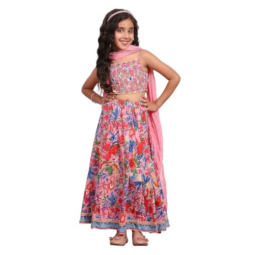 BIBA Printed Viscose Regular Fit Girls Top Lehenga Dupatta Set (PINK, 10-11Y) - Image 1