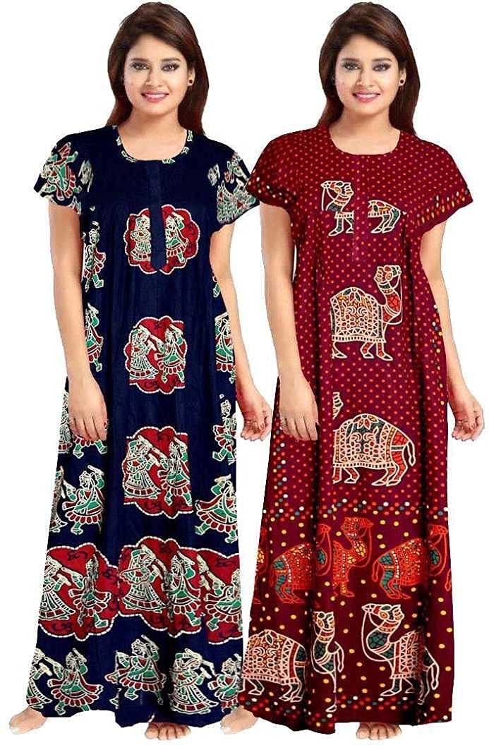 NEGLIGEE Women's Cotton Printed Maxi Nightgown Nighty for Women Ankle Length Night Dress - Pack of 2 (Free Size, 10 Blue & Maroon - Image 1