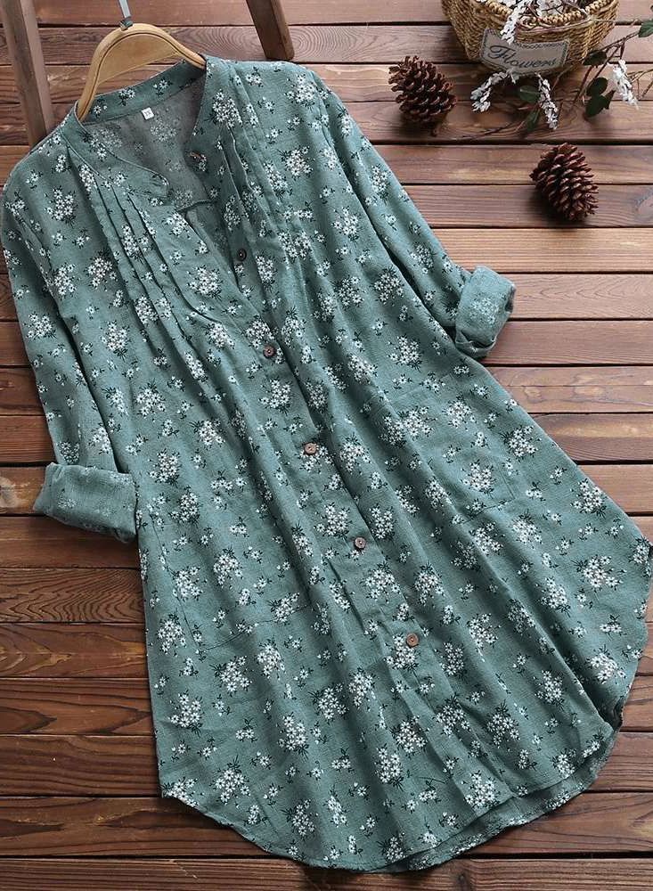 Loquat Women's Spring And Autumn long-sleeved Pleated Floral Print Fashion Temperament Stand-up Collar Shirt 