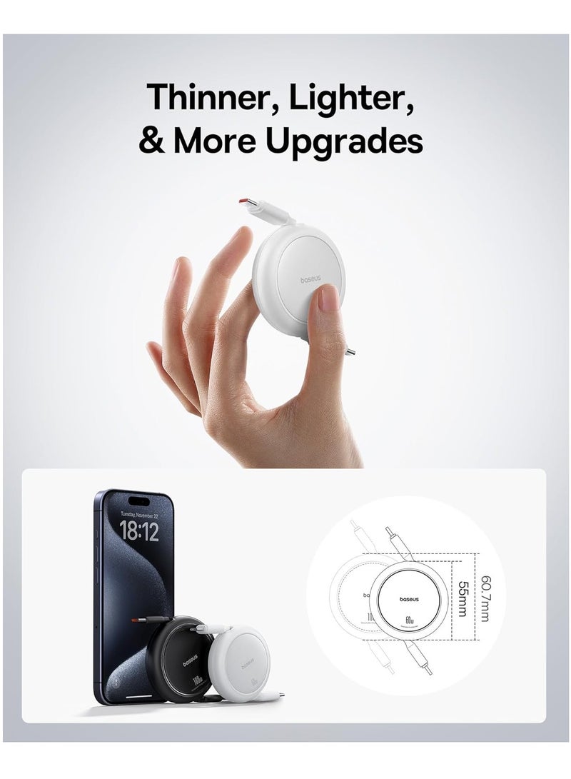 Baseus USB-C Cable, 60W (1m) Ultra Mini Retractable USB-C to USB-C PD 3A Fast Charging Cable, 4-Stage Length Preset USB Type C Charger for iPhone 16/15/Pro/Plus/Max, MacBook, iPad Pro, Galaxy S24/S23, Samsung, Android, and USB-C Devices with Data Transfer Support 60W- White - Image 4
