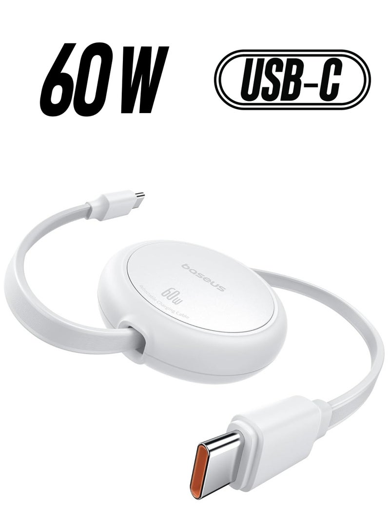 Baseus USB-C Cable, 60W (1m) Ultra Mini Retractable USB-C to USB-C PD 3A Fast Charging Cable, 4-Stage Length Preset USB Type C Charger for iPhone 16/15/Pro/Plus/Max, MacBook, iPad Pro, Galaxy S24/S23, Samsung, Android, and USB-C Devices with Data Transfer Support 60W- White - Image 1