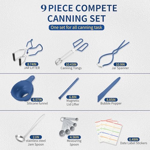 Gemfino Canning Supplies Starter KitCanning Kit for Beginners of 9 with Jar LifterWide Mouth FunnelWrenchTongsLid LifterBubble PopperCanning LabelsladleMeasuring SpoonBlue - Image 3