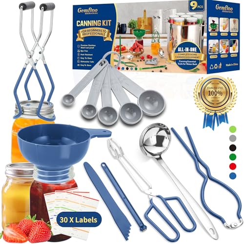 Gemfino Canning Supplies Starter KitCanning Kit for Beginners of 9 with Jar LifterWide Mouth FunnelWrenchTongsLid LifterBubble PopperCanning LabelsladleMeasuring SpoonBlue - Image 1