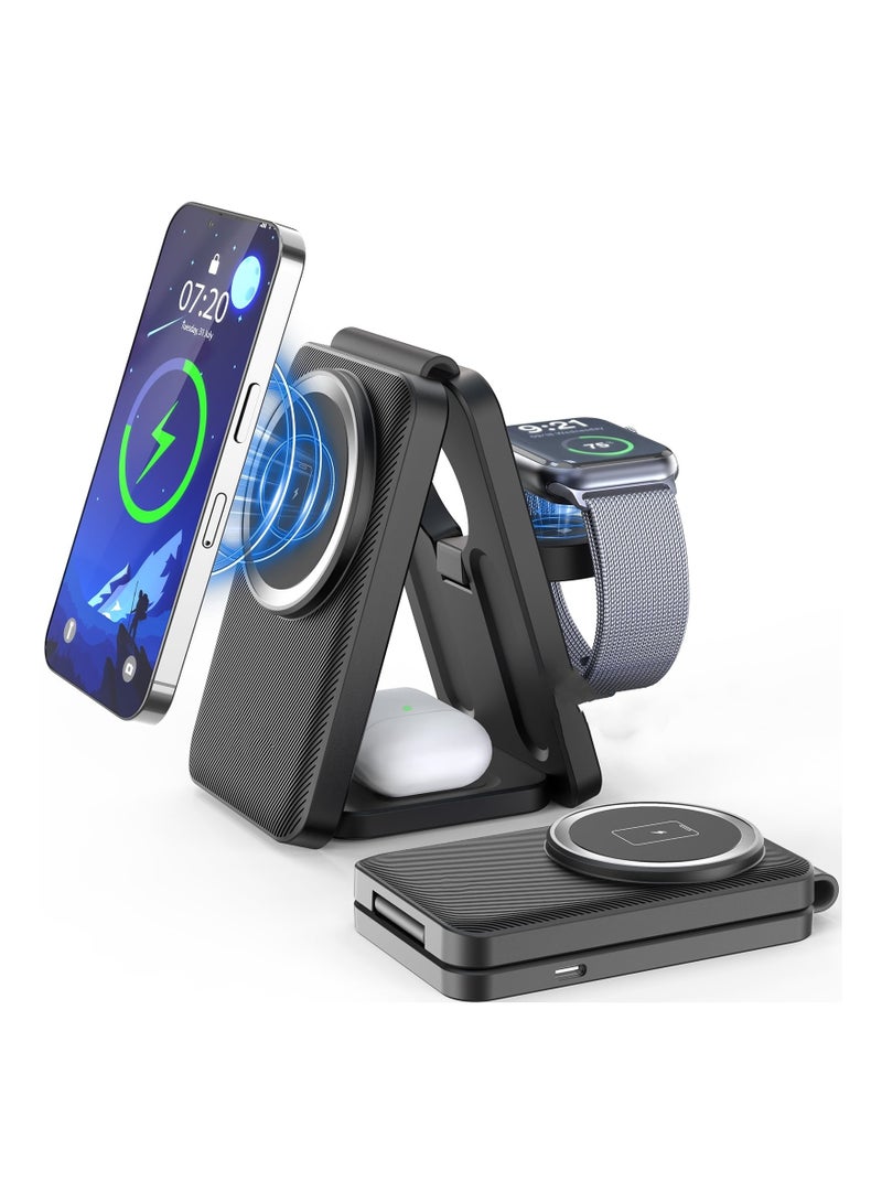 Zikra 3 in 1Mag-Safe Charger Stand for Apple, Foldable Charging Stand Wireless Mag-Safe Dock Wireless Charger Pad for Multiple Devices for iPhone 15/14/13/12/Apple Watch/AirPods/(Adapter not Included) - Image 1