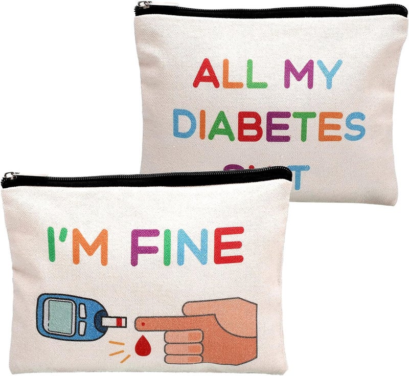 2 Pieces Diabetic Supplies All My Diabetes Funny Organizer Travel Bag Canvas Bag Diabetic Emergency Canvas Bag Toiletry Make up Zipper Pouch Case for Women Grandma Grandpa Mom Dad Christmas Presents