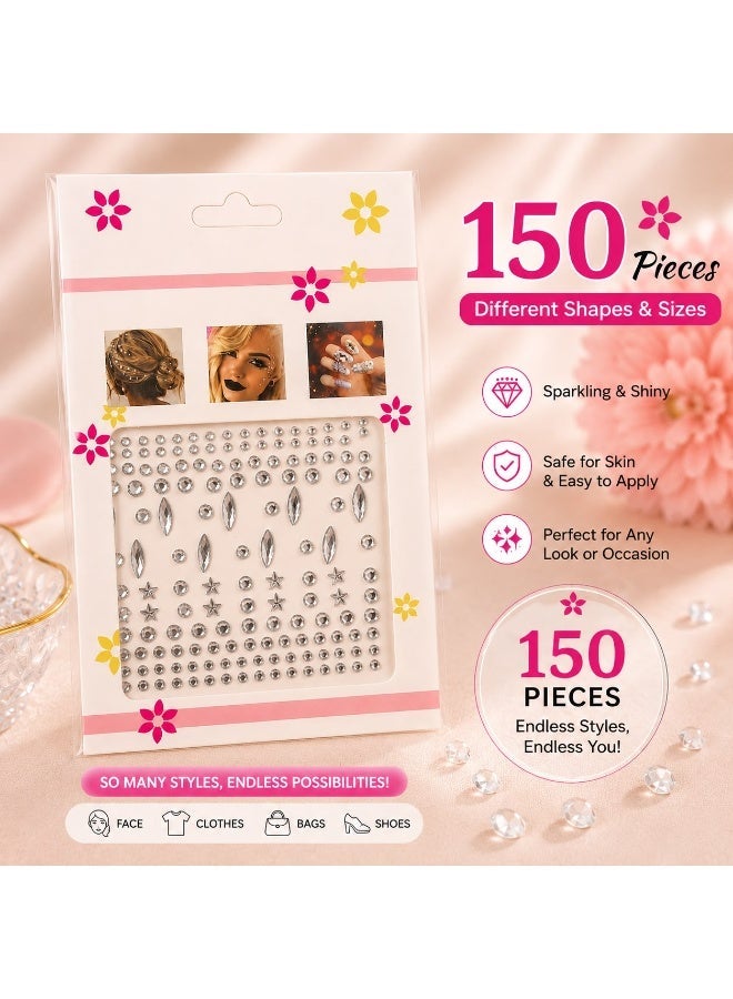 150 Pcs Face Gems Rhinestones – Sparkling Crystal Body Jewels in Different Shapes & Sizes for Face, Body, Clothes, Bags, Shoes, Nails & Hair – Party Makeup Decoration - Image 1