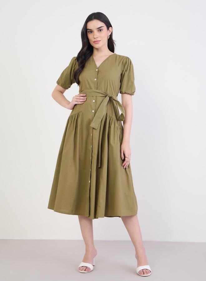 Styli Olive Puff Sleeves Midi Shirt Dress - Image 2