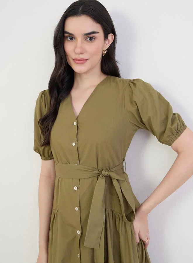 Styli  Olive Puff Sleeves Midi Shirt Dress for Women | Best Price UAE