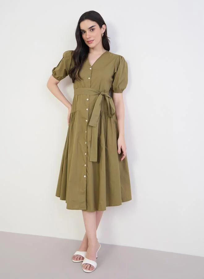 ستايلي فستان ميدي بنمط قميص مع أكمام منفوخة