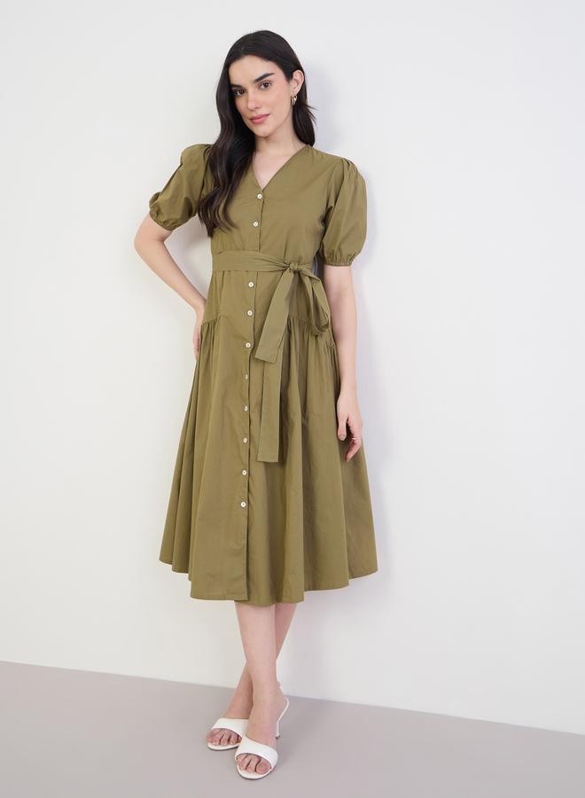Styli Olive Puff Sleeves Midi Shirt Dress - Image 1
