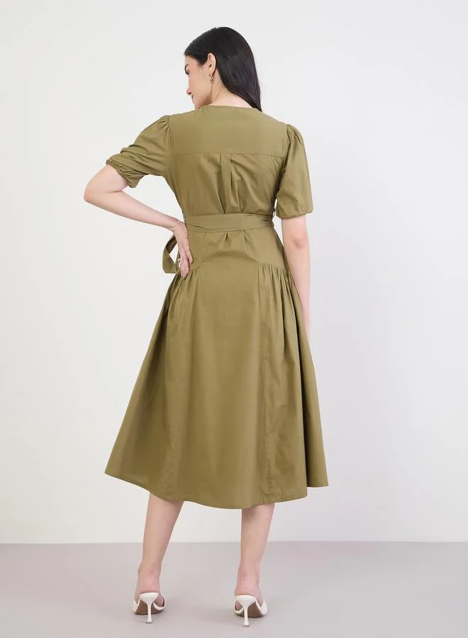 Styli  Olive Puff Sleeves Midi Shirt Dress for Women | Best Price UAE